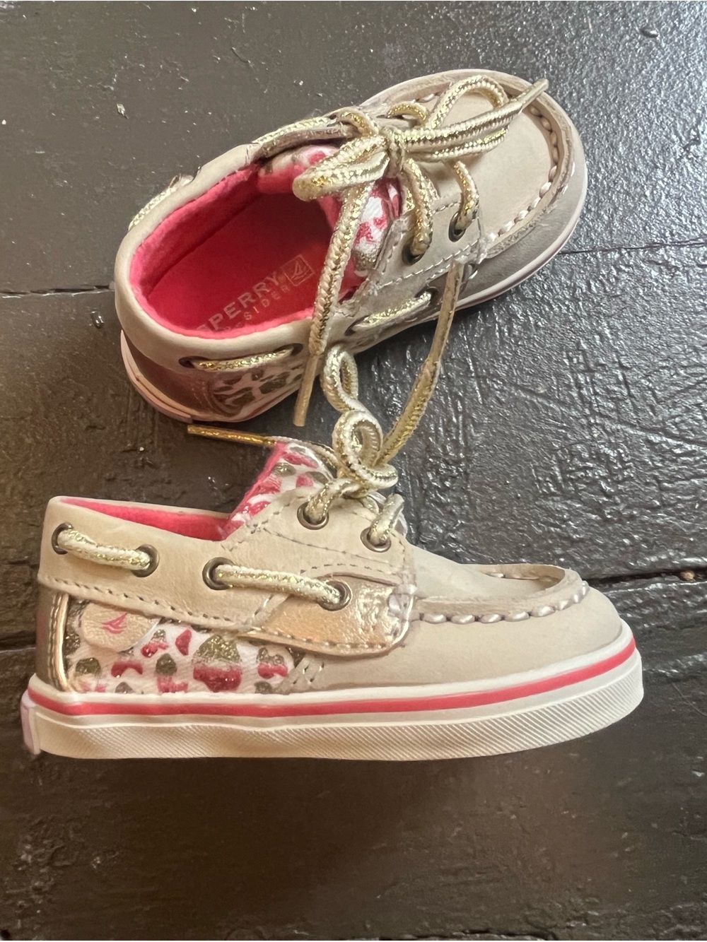 Sperry Kids Cream Boat Shoes with Pink & Gold Accents